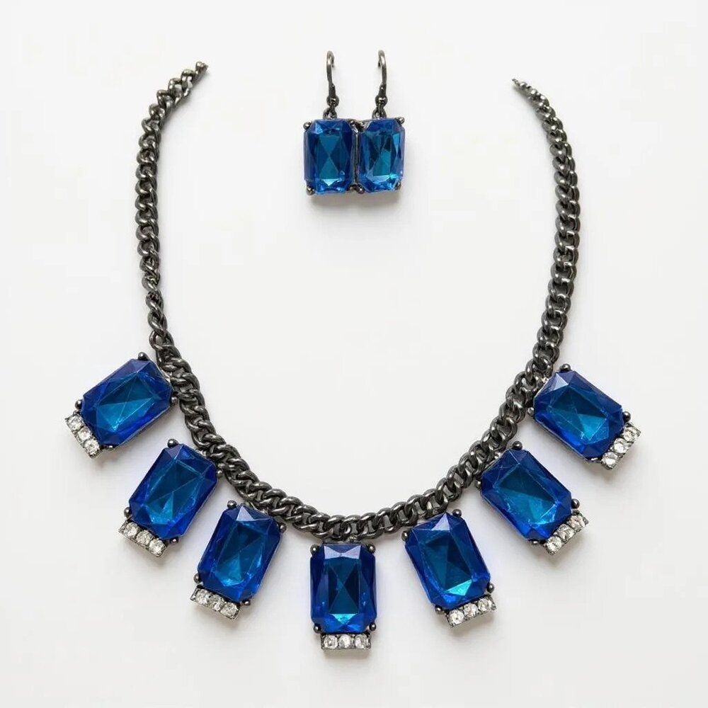 Royal Blue facted Lucite Drops Black Metal Finish Necklace Earring Set